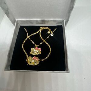Hello Kitty Necklace & Adjustable Bracelet Set – Gold Tone Rhinestone